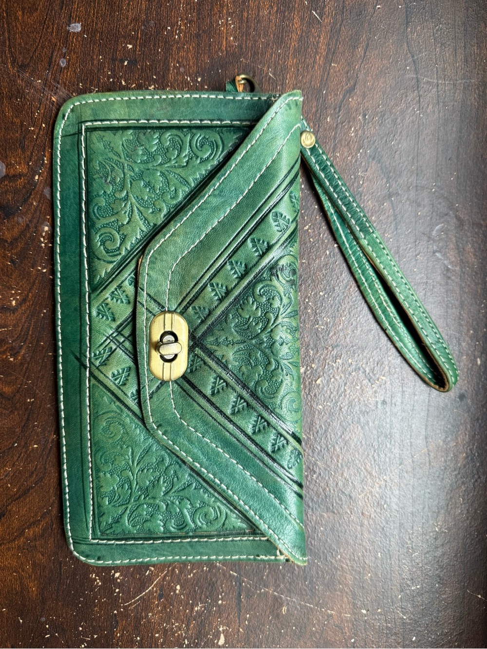 Green Embossed Leather Wristlet Clutch with Turn-Lock